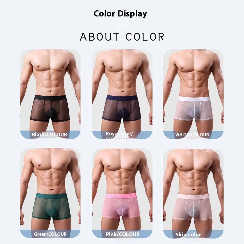Men's thin polyester boxer shorts in six colours including black, white and sapphire blue