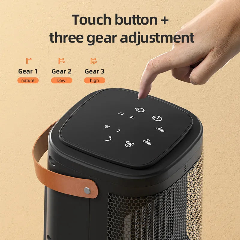 Remote control touch screen portable electric heater with PTC element and digital display.