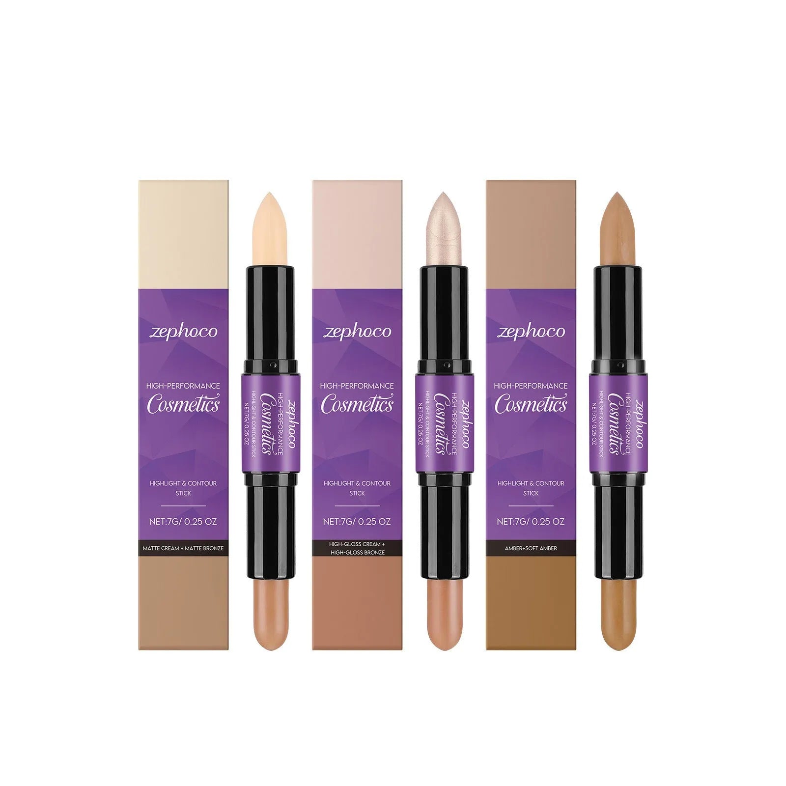 Dual-ended cream highlight and contour makeup stick in three shade styles