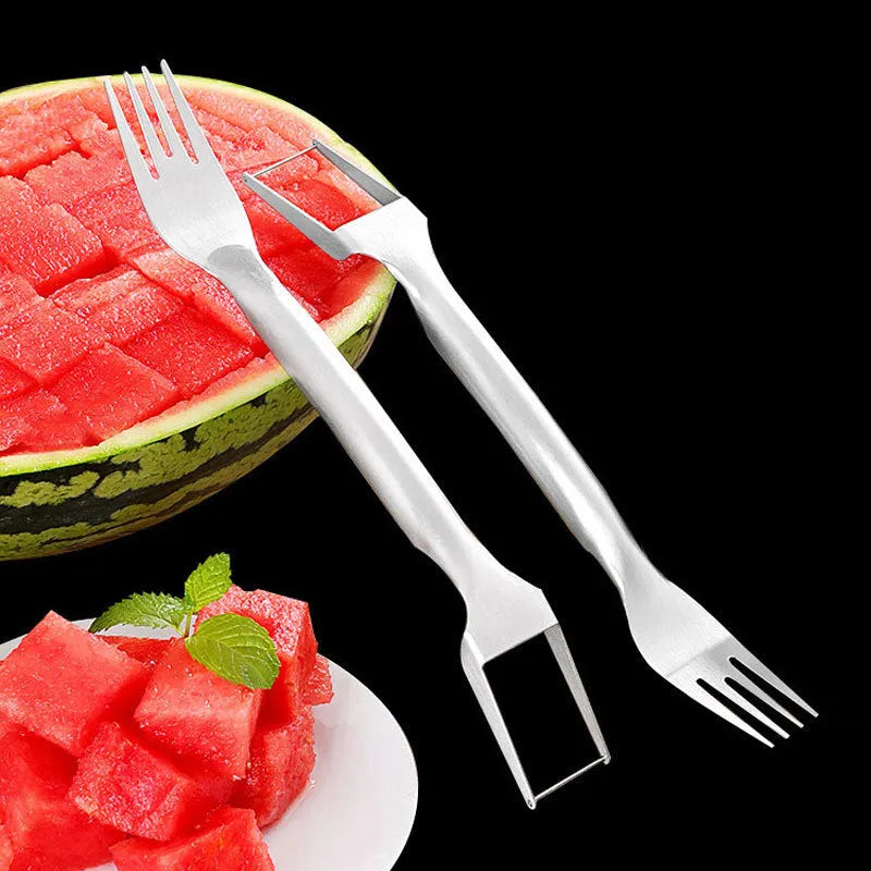 Stainless steel watermelon slicer and fork tool on a kitchen surface