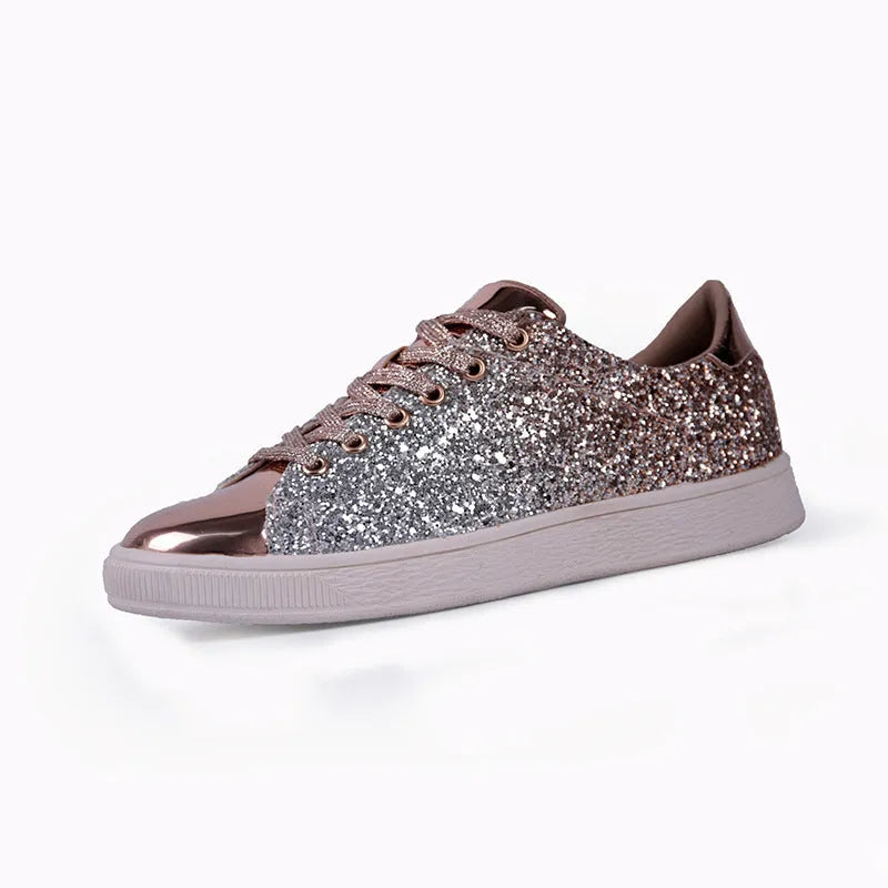 Women's black sequinned lace-up casual shoes with a round toe and rubber sole, shown from the side.