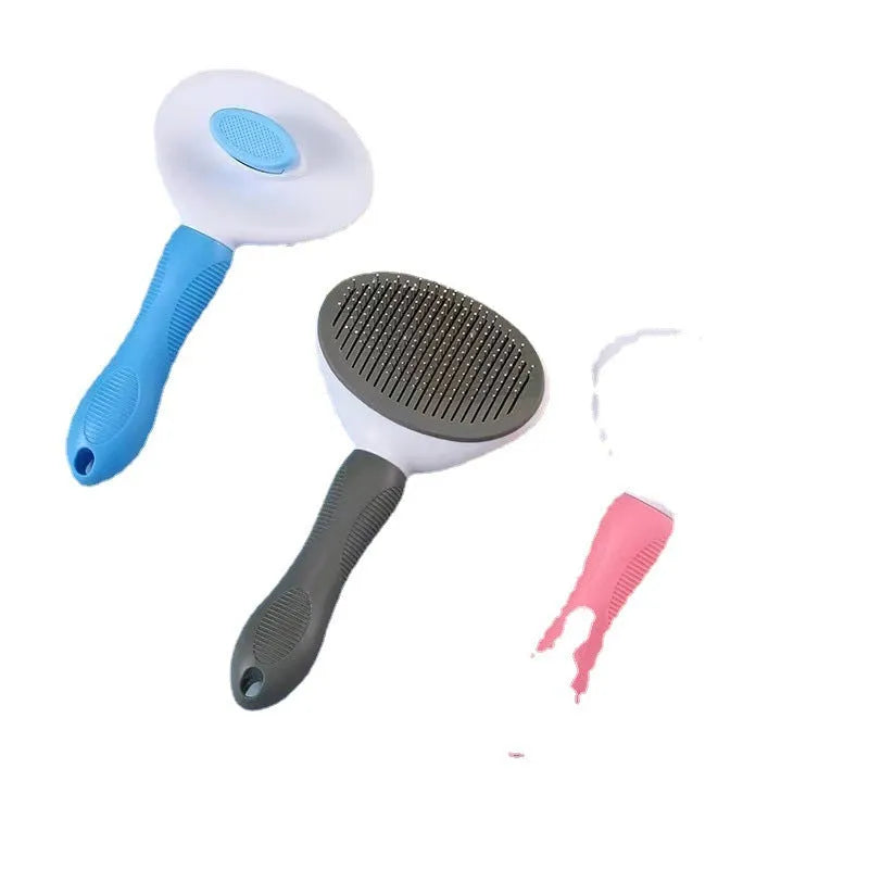 Pet hair removal comb with stainless steel teeth and light blue ABS handle on white background