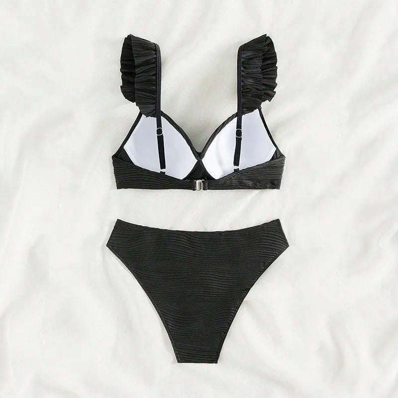 Solid colour women's bikini swimsuit set in black or khaki, made from polyester fabric.
