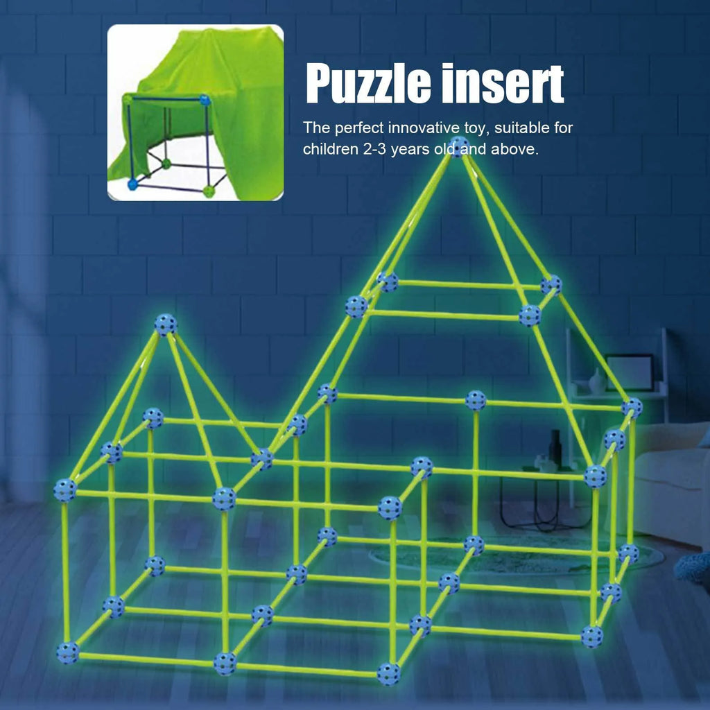 Children's fort building kit showing plastic rods, connector balls, and a constructed play tent frame.