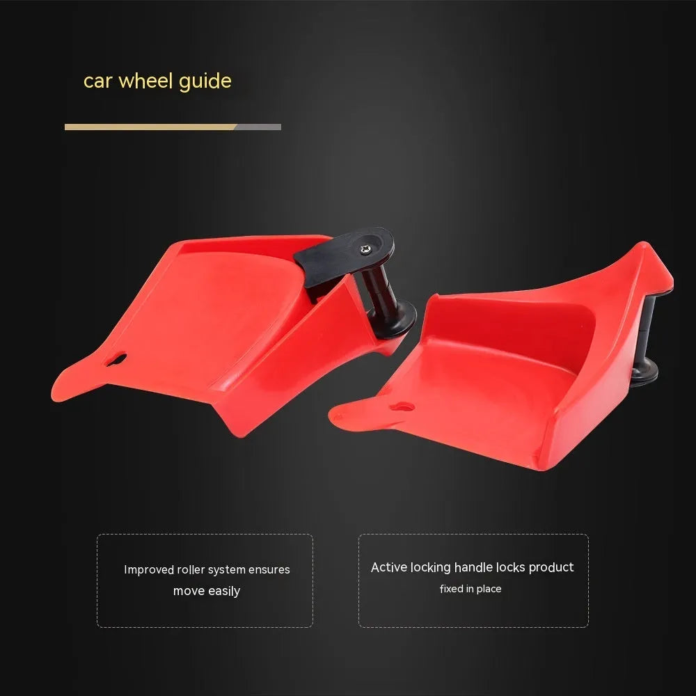 Four red plastic triangular car parking blocks with non-slip rubber surfaces for tyre security