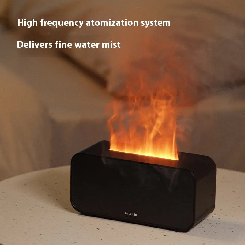 White USB aroma diffuser with simulated flame lighting effect on wooden surface
