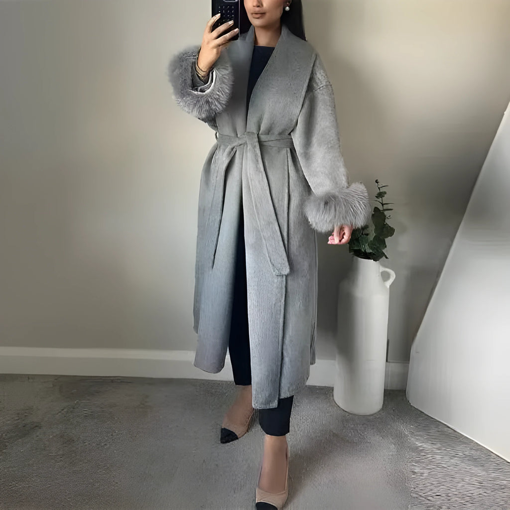Solid colour autumn winter woolen coat with lacing cuffs and loose fit in dark gray available in sizes S M L