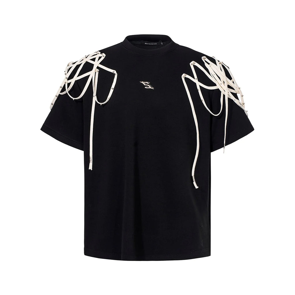 Black loose fit short-sleeved T-shirt with padded shoulders and rivet ribbon trim.