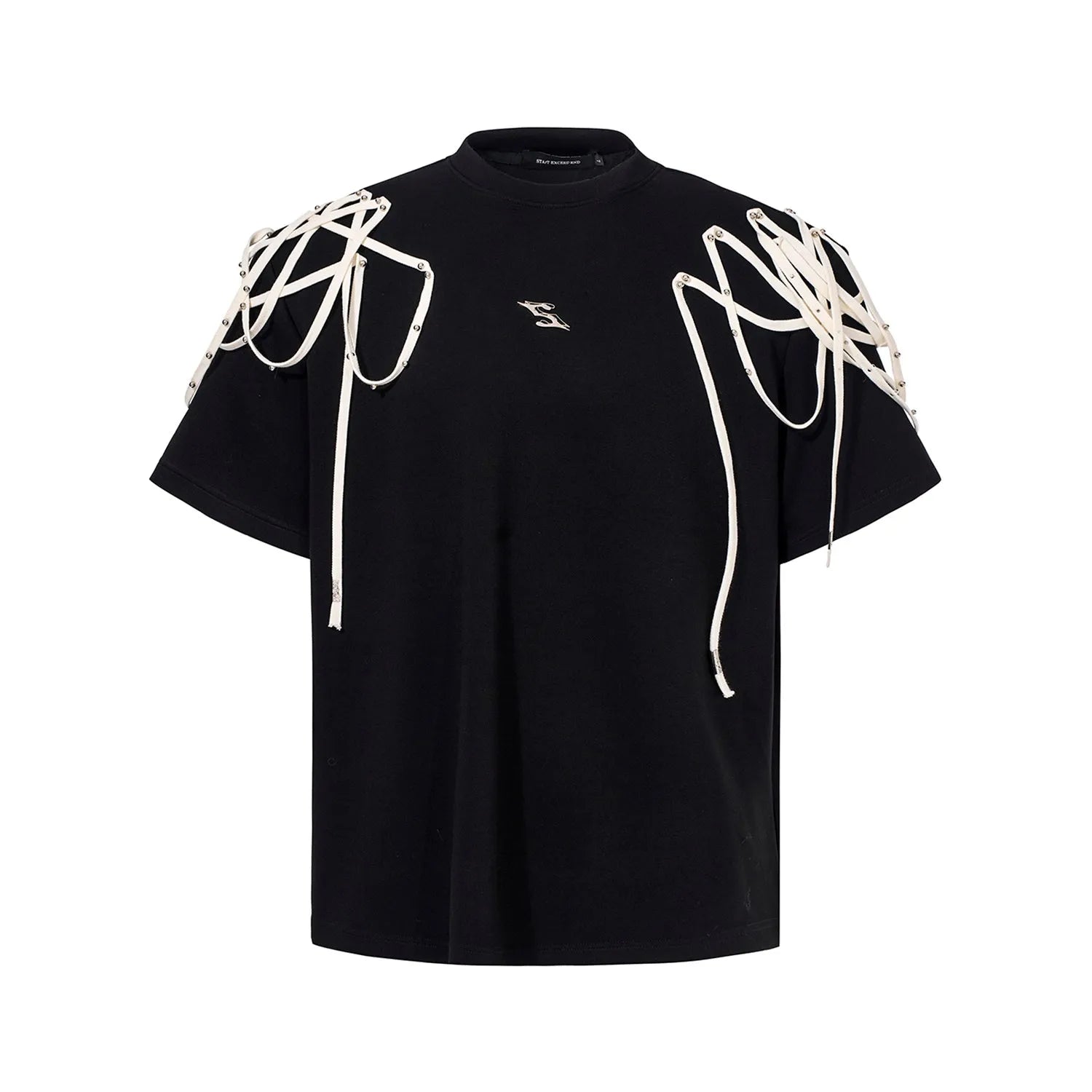 Black loose fit short-sleeved T-shirt with padded shoulders and rivet ribbon trim.