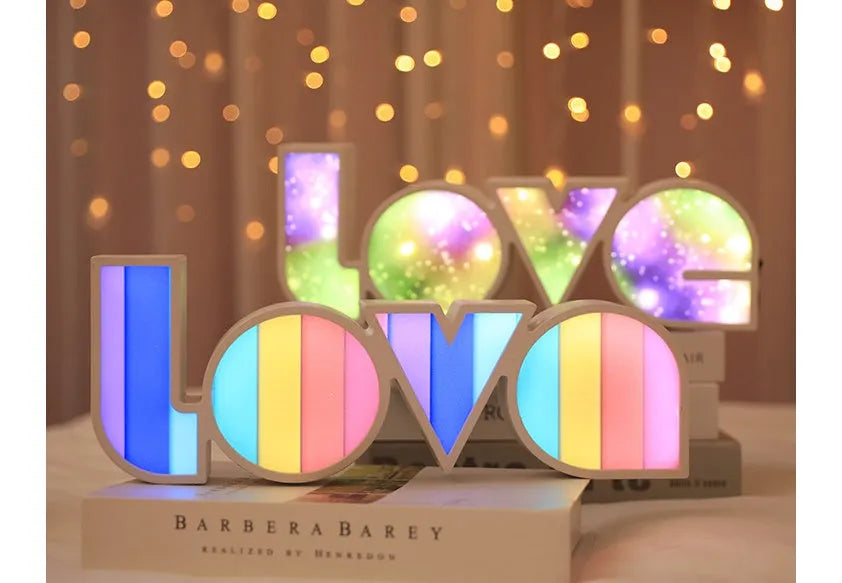 LED LOVE light with rainbow style plastic lampshade showing 'LOVE' word decoration