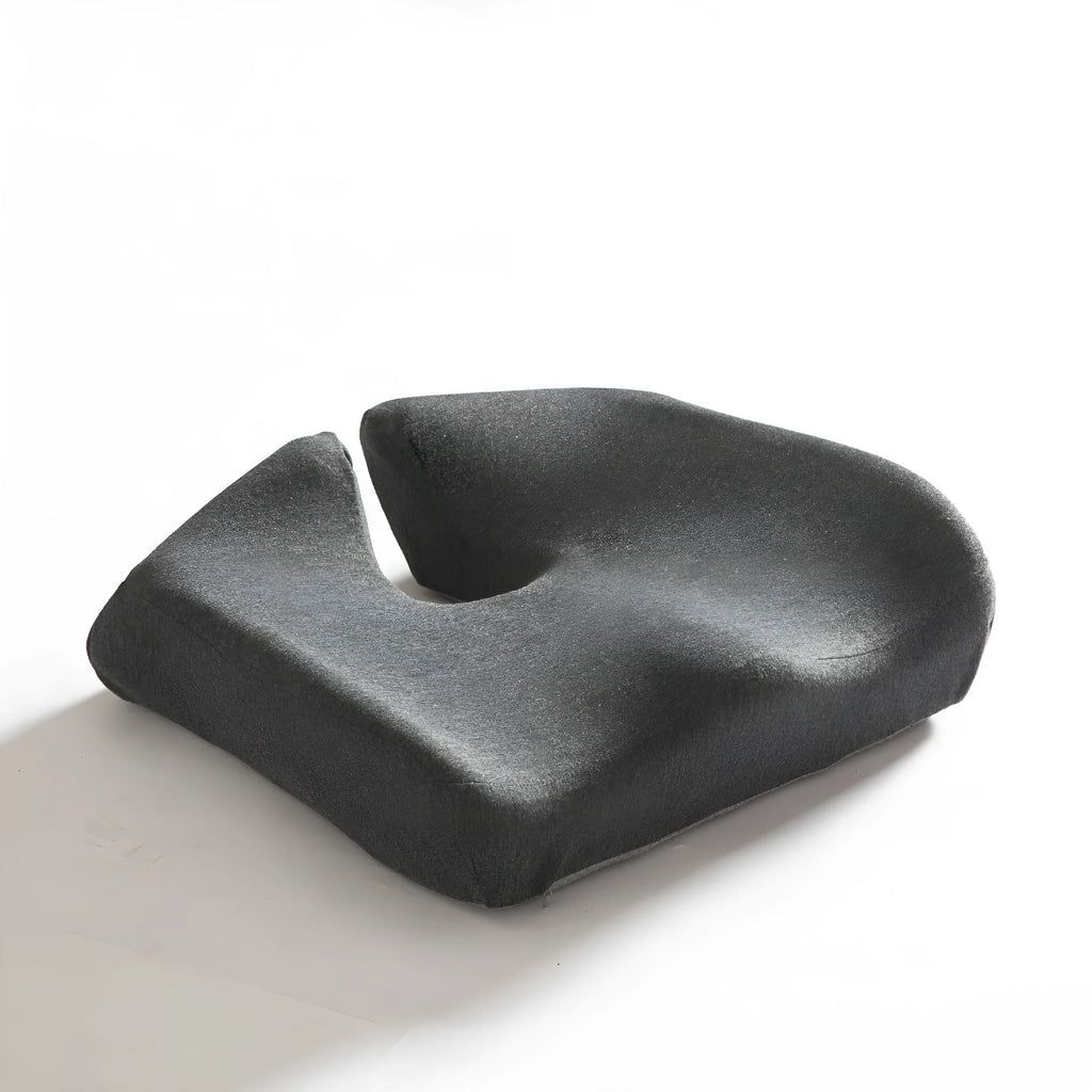 Memory foam office chair cushion measuring 36x40x11cm in dark grey colour with solid pattern