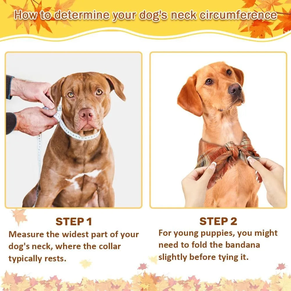 Classic plaid dog bandana with tassel edges in autumn colours of brown, green, orange, red, yellow.