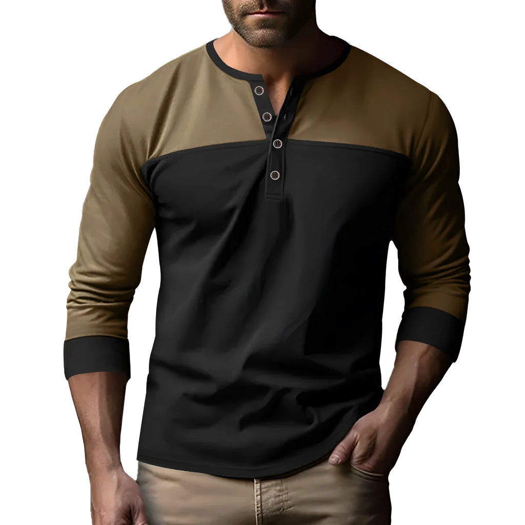 Men's retro colour block long sleeve base shirt in black and brown, loose fit polyester pullover