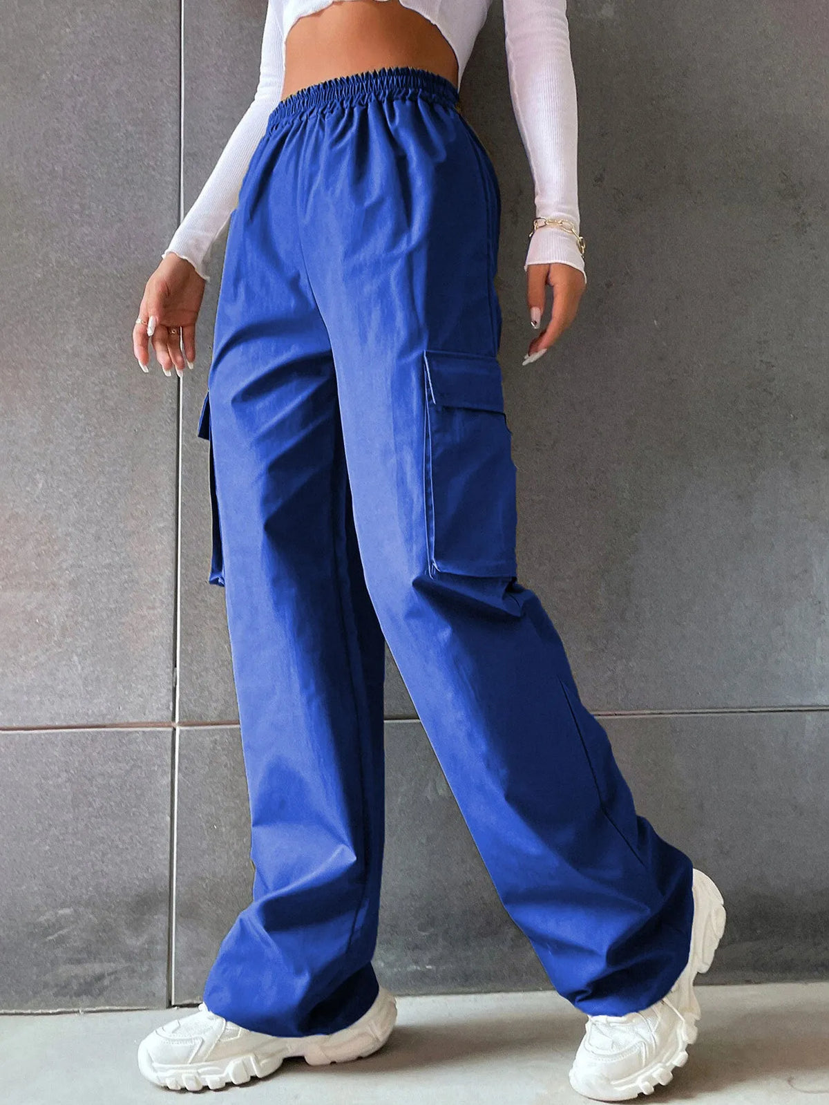 Women's high waist workwear trousers with pockets in solid colours, polyester fabric, sizes S to 2XL