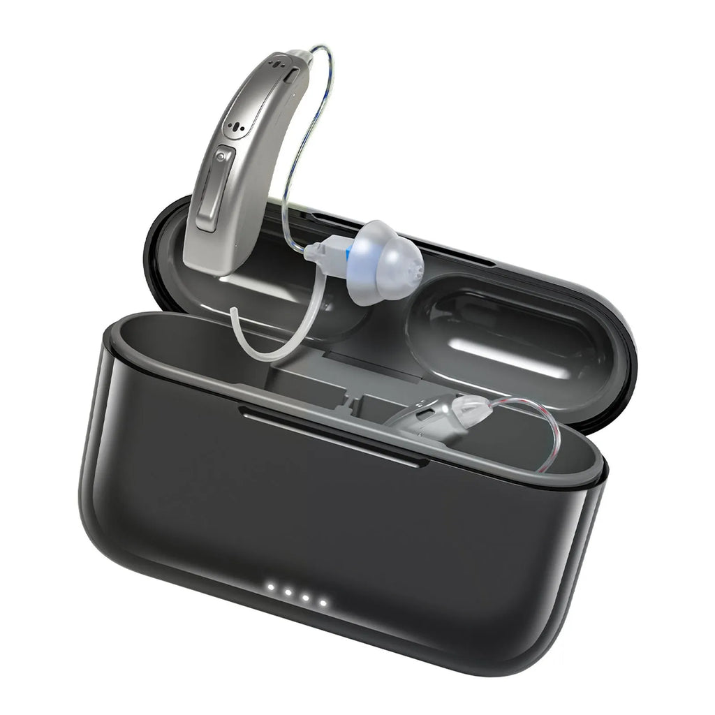 Black wireless back-of-ear rechargeable Bluetooth hearing aid with Type-C charging and silicone ear domes
