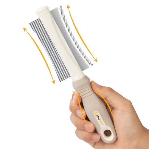 White double-sided pet deshedding brush and comb with ergonomic handle.