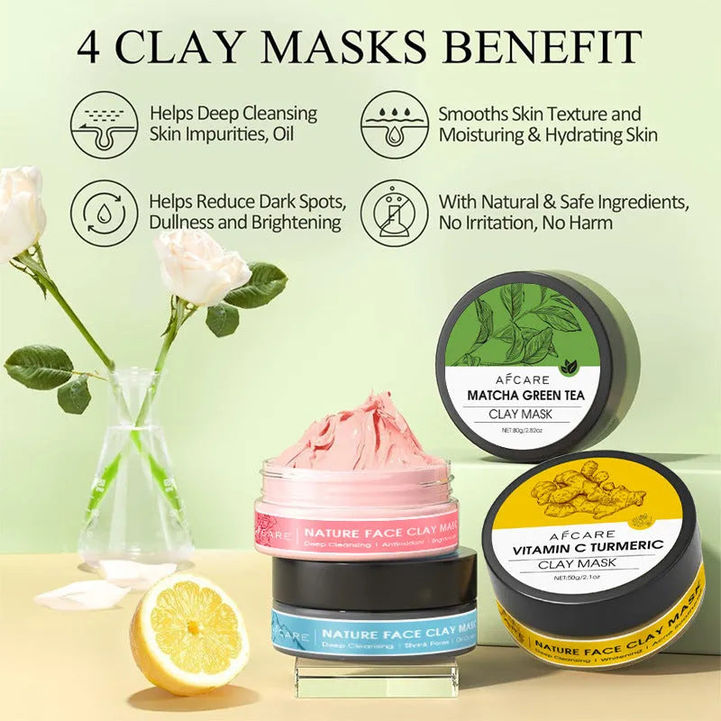 Four tubes of clay face mask set featuring Dead Sea mud, green tea, turmeric, and rose clay extracts.