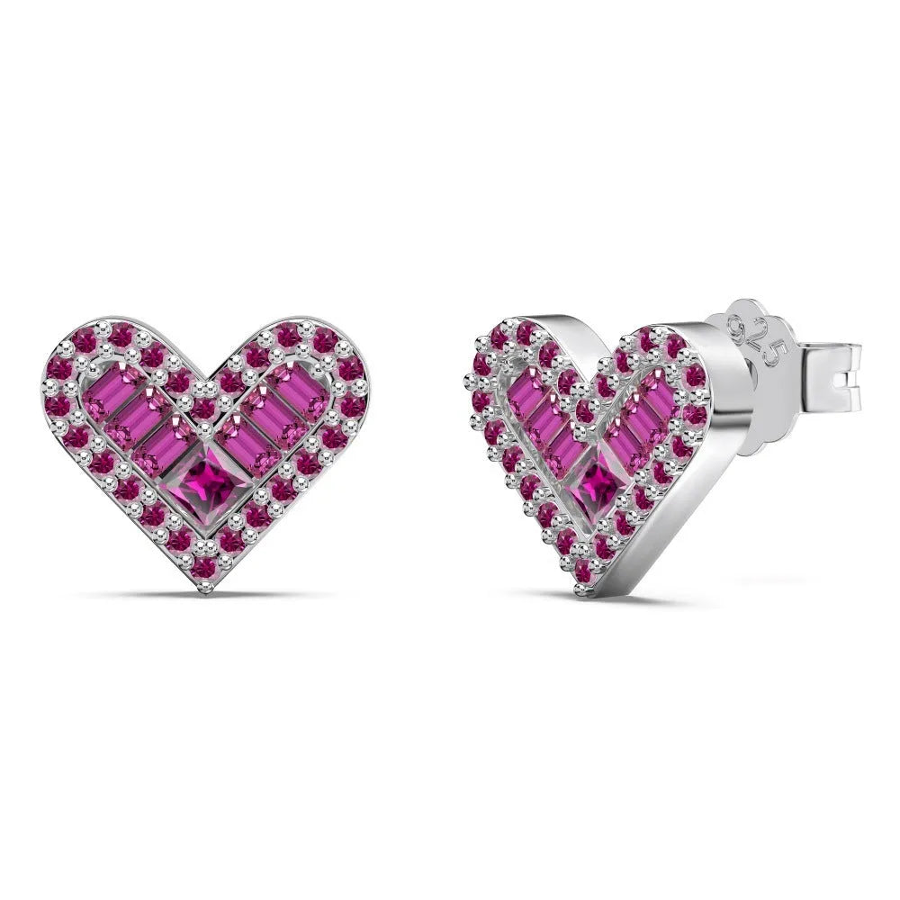 Sterling silver heart-shaped stud earrings with zircon rhinestone, electroplated finish, three colour options