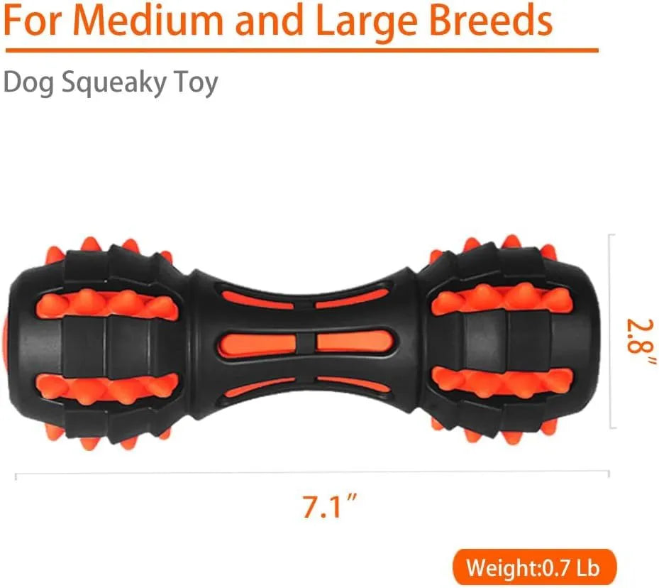 Red dumbbell-shaped durable rubber dog chew toy for large breeds on a white background.