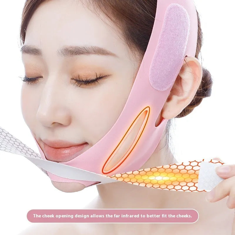 Pink elastic V-shaped face bandage with adjustable black velcro strap on a white background.
