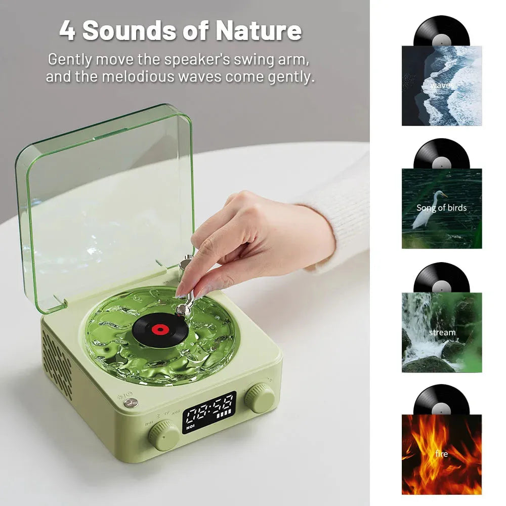Retro Bluetooth speaker with rotating transparent turntable and RGB lighting projection
