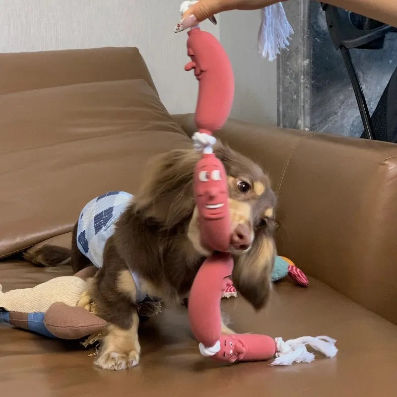 Brown pet training rope with multiple sausage sections and grip tape, measuring 108 cm in total length