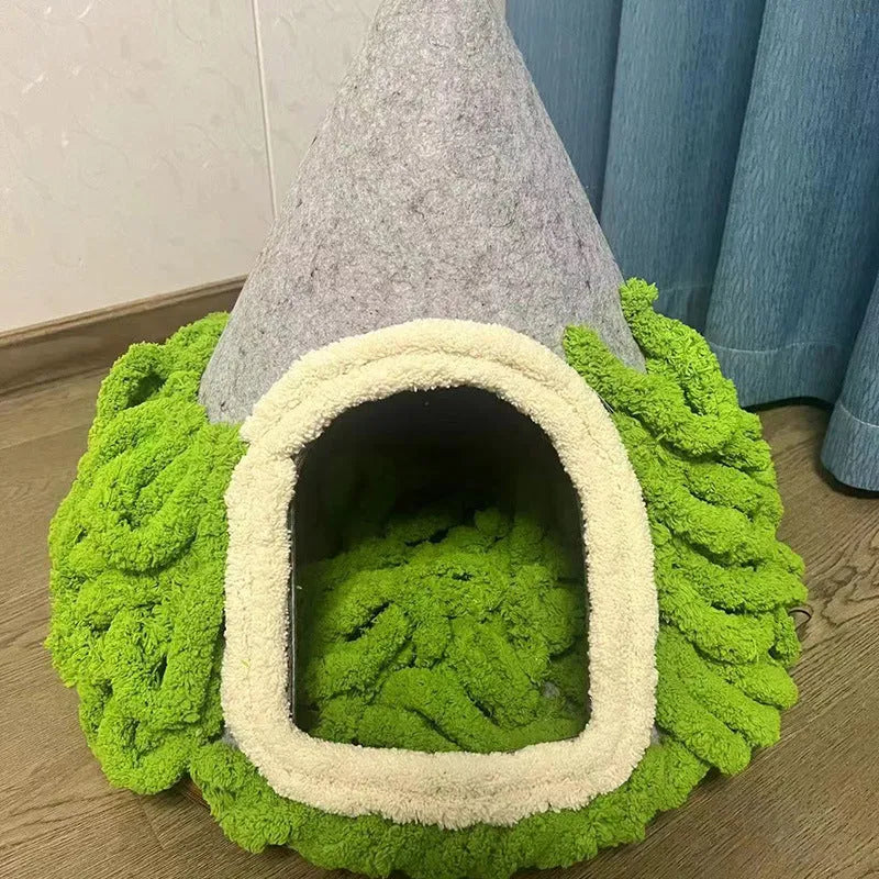 Grey handmade felt cone cat house measuring 50cm diameter by 51cm height