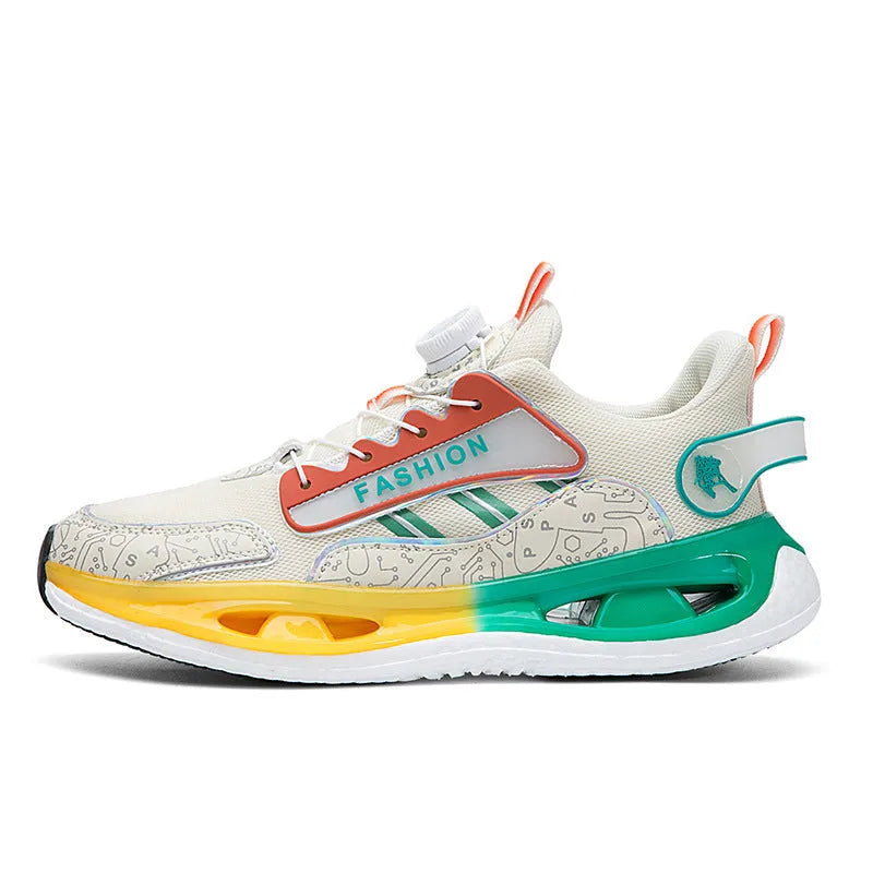 Men's low-top mesh sports shoes in beige orange with an elastic band and a flat Popcorn TPU sole.