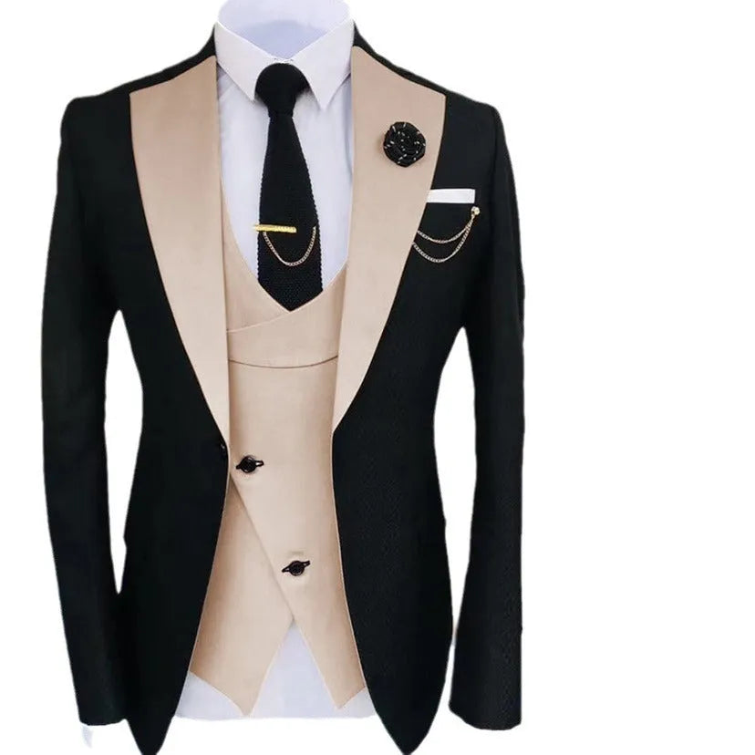 Men's slim fit three-piece cotton suit with coat, vest, and trousers for formal occasions