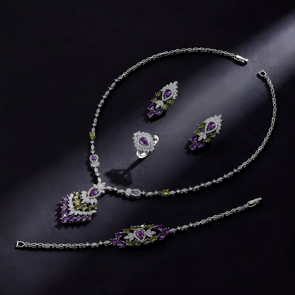 White colour zirconium jewellery 4-piece set with plants and flowers pattern, including necklace earrings ring and bracelet