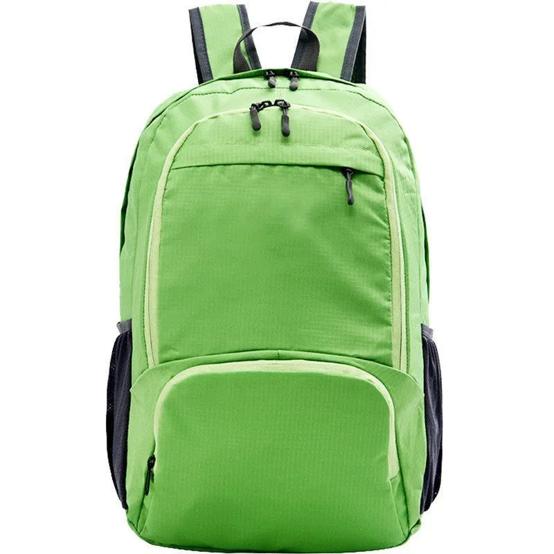 26 inch solid colour foldable backpack in Oxford cloth shown in black, blue, brick red, grey, green, orange, and purple.