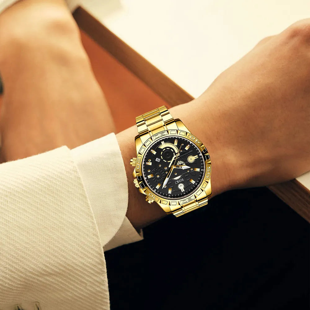 Men's gold-coloured stainless steel business quartz watch showing date window on dial.