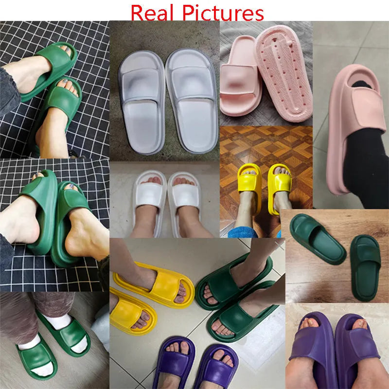 Pair of thick-soled EVA flip-flop slippers in a chosen colour on a bathroom floor.