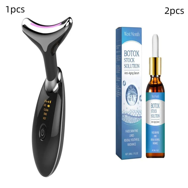 White EMS thermal neck lifting massager device with LED lights and charging cable