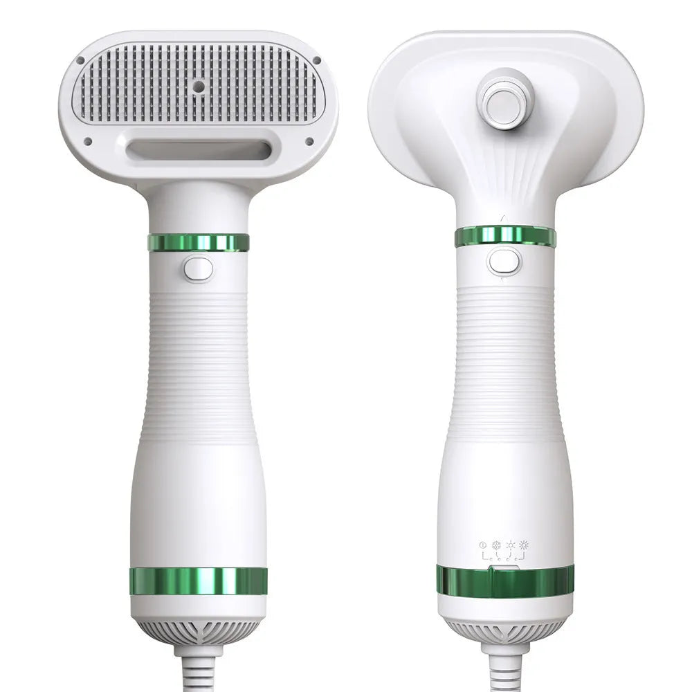 White 2-in-1 pet comb hair dryer with ergonomic handle and stainless steel needle comb