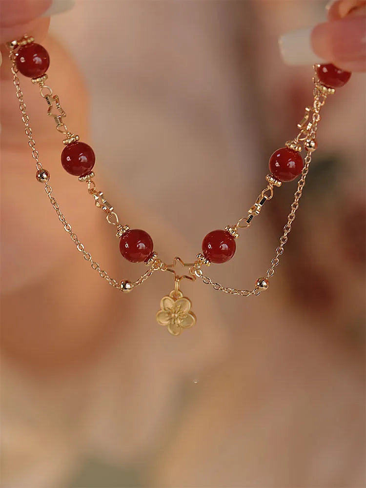 Women's red agate double layer bracelet with floral peach blossom ethnic designs
