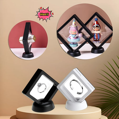 3D floating display case holding coins and jewellery between transparent membrane sheets