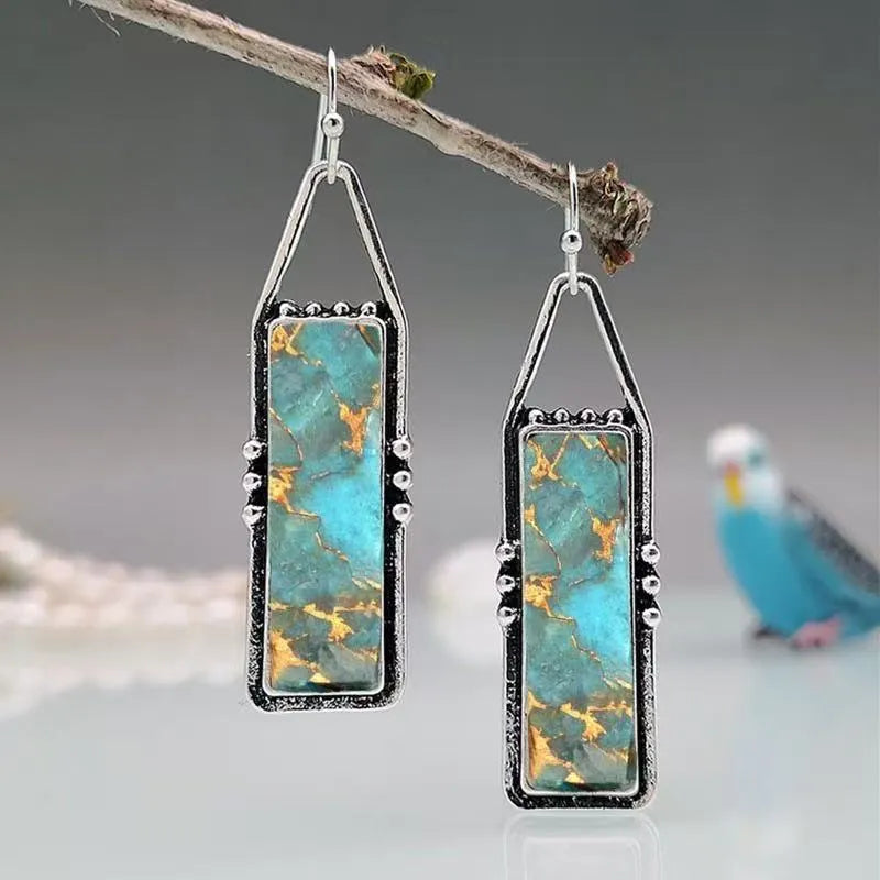 Retro patterned bohemian geometric zinc alloy drop earrings with drip glue finish, colour ER-36, 10g