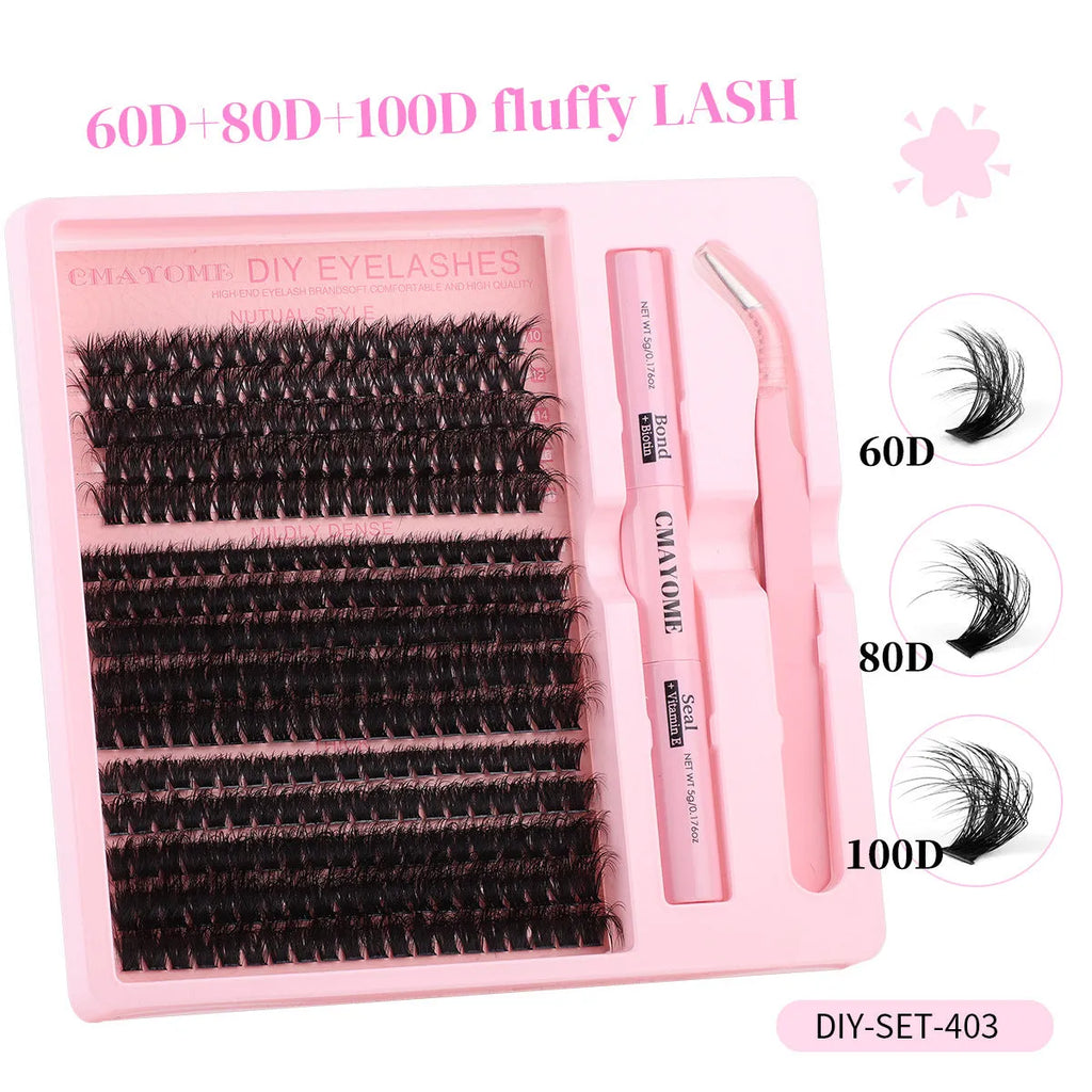 DIY false eyelashes extension suit with cluster lashes and metal tweezers