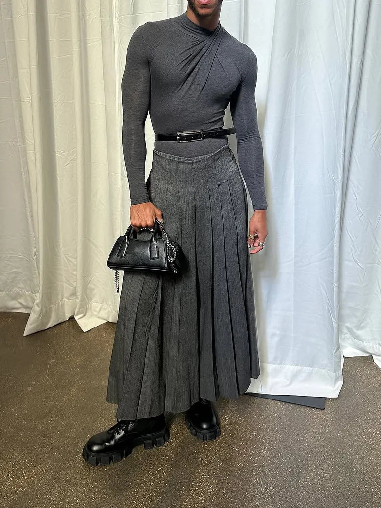Men's grey pleated wide-leg polyester trousers, full-length regular fit, elasticated waist, front view