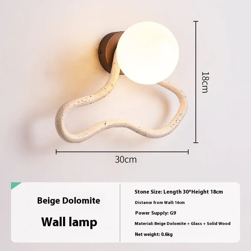 Middle Ancient cream style bedside wall lamp with white travertine glass shade and solid wood base