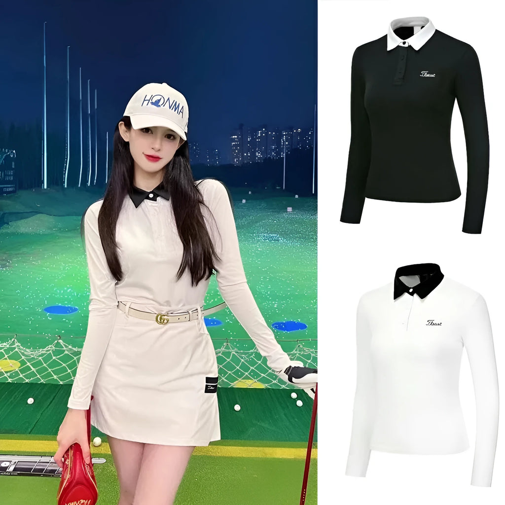 Women's white long sleeve polyester golf top with slim-fit sports style for outdoor sun protection