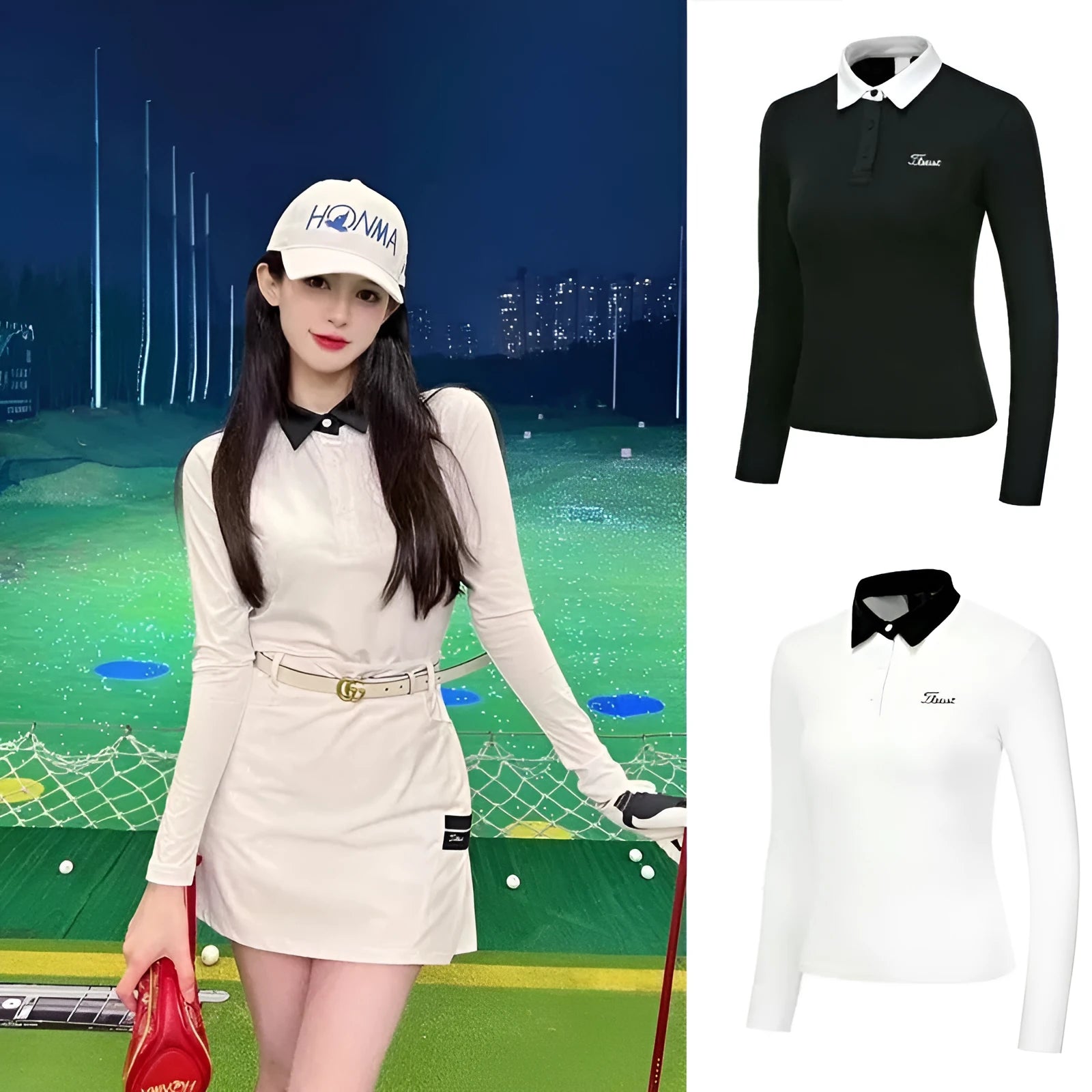 Women's white long sleeve polyester golf top with slim-fit sports style for outdoor sun protection