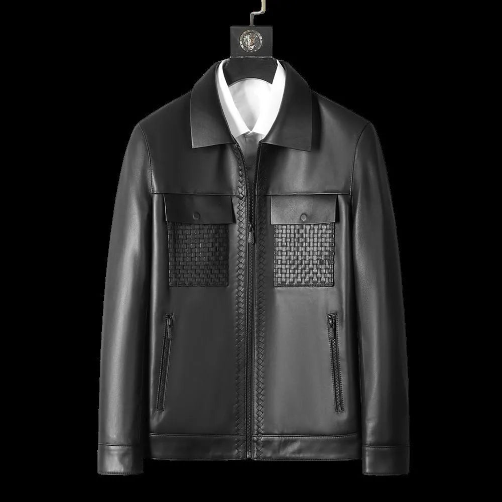 Genuine leather short lapels sheepskin jacket coat black men Korean-style front view