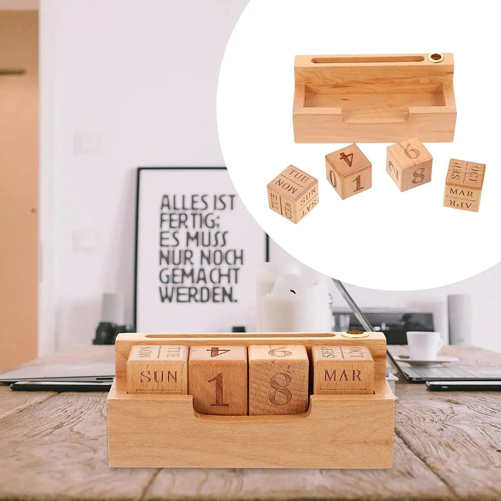 Solid wood minimalist desk calendar planner in natural finish showing day month and date display