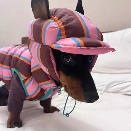 Dirty pink striped polyester dog vest and matching hat set for small to medium dogs.