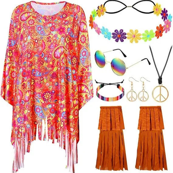 Colourful tie-dye sleeveless cloak costume with bell sleeves on a mannequin.