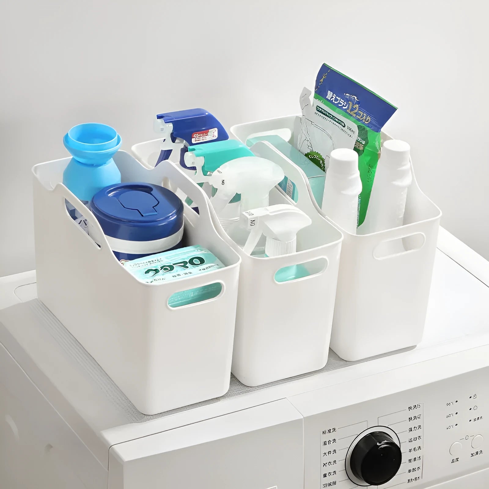 White PE plastic laundry detergent storage box with handle on a clean surface