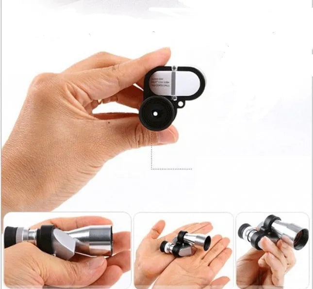 Compact aluminium alloy 8x20mm monocular telescope with canvas bag and cleaning cloth on a table.