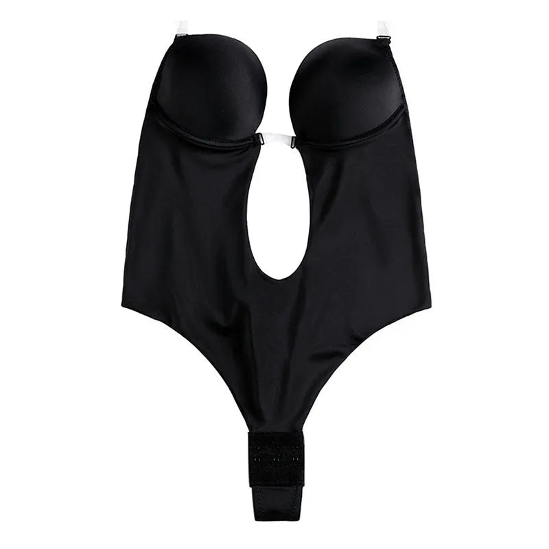 Invisible shoulder strap backless bra seamless one-piece shapewear in skin colour on a mannequin